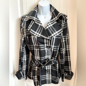 Lapis Anthropologie Cotton/Polyster Black & White Blend Plaid Belted Trench, Med